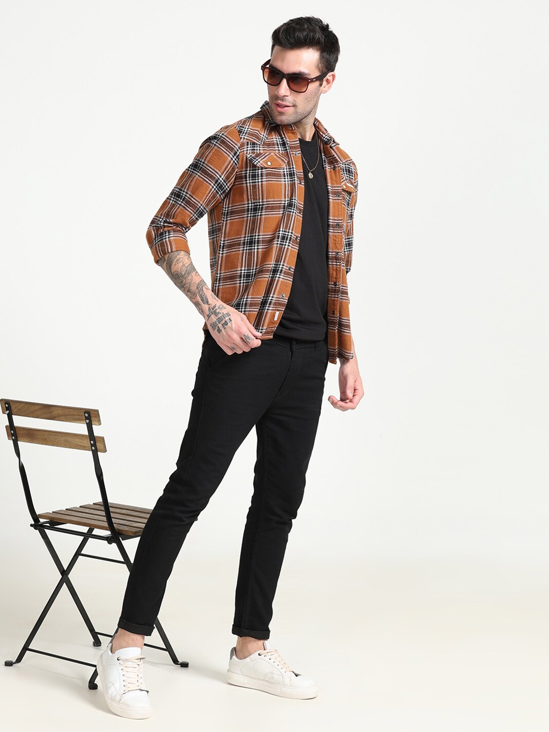 

FLY 69 Premium Slim Fit Tartan Checked Pure Cotton Casual Shirt, Brown