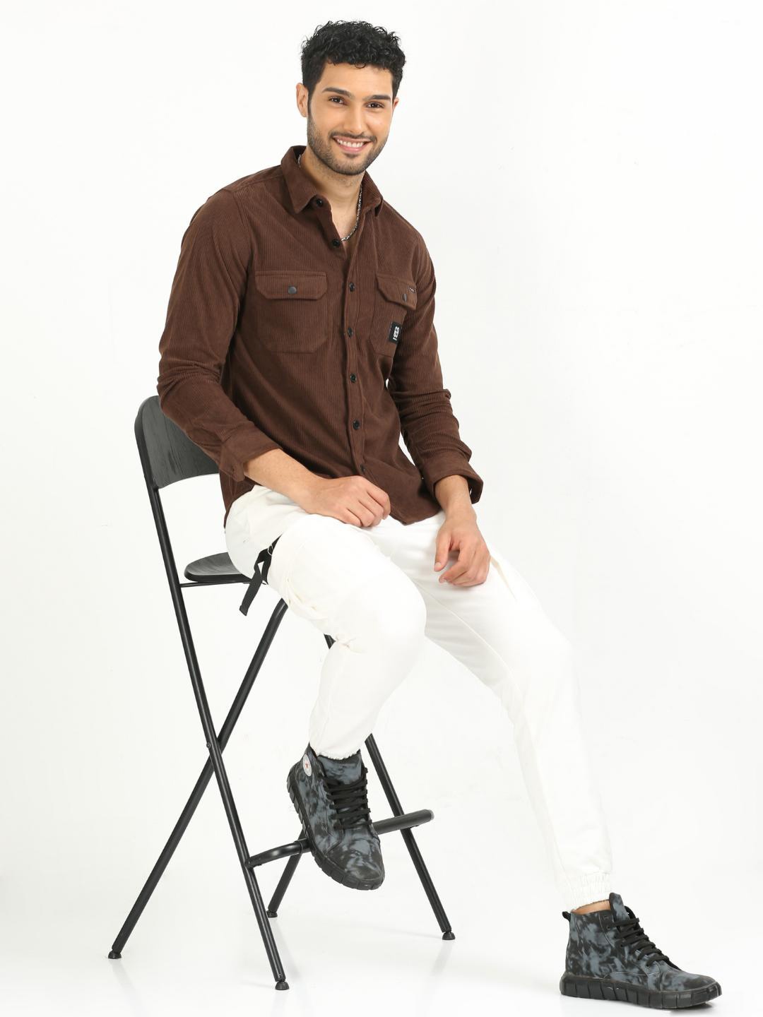 

FLY 69 Premium Slim Fit Cotton Corduroy Casual Shirt, Brown