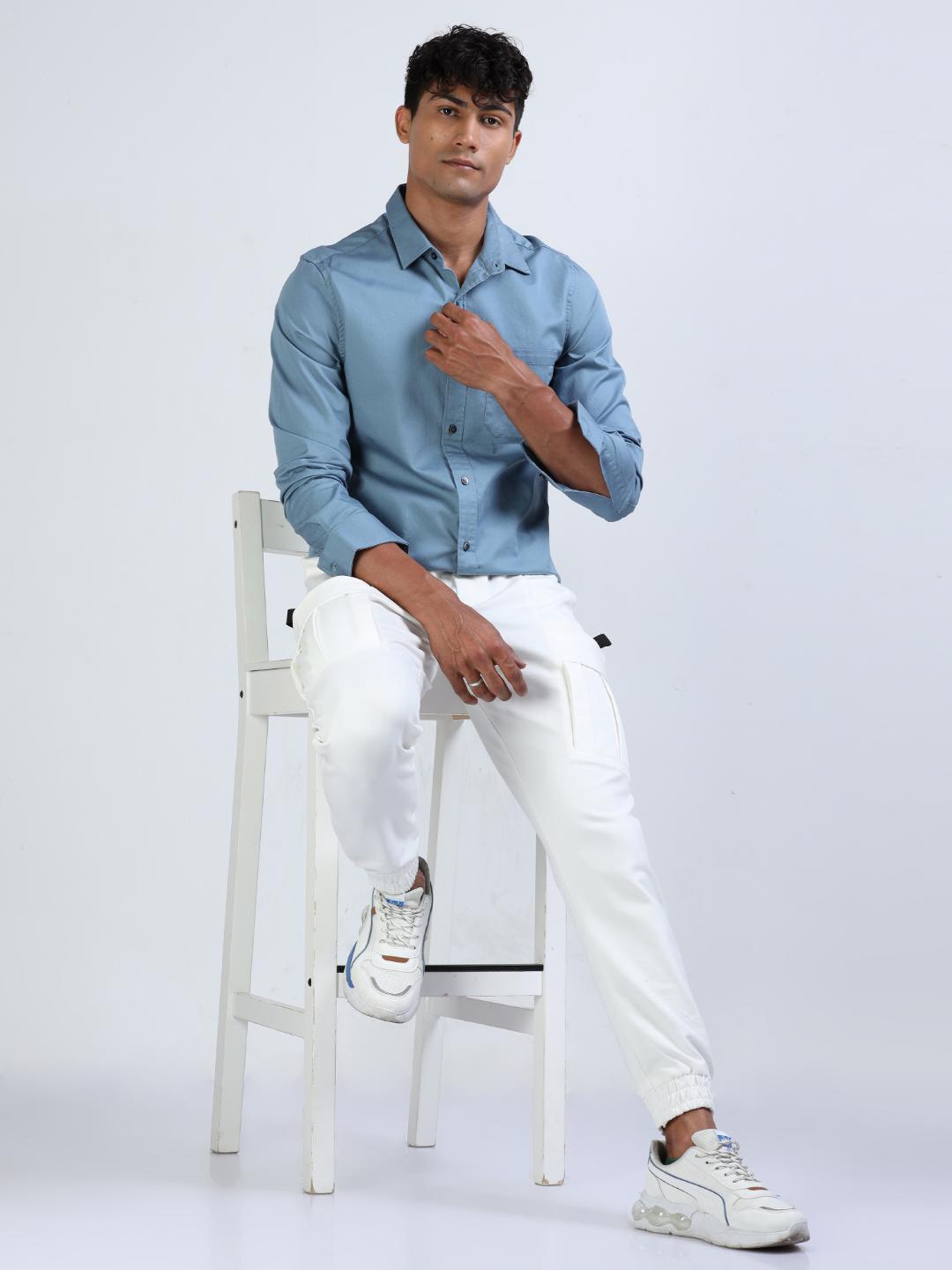 

FLY 69 Premium Slim Fit Spread Collar Twill Weave Pure Cotton Casual Shirt, Blue