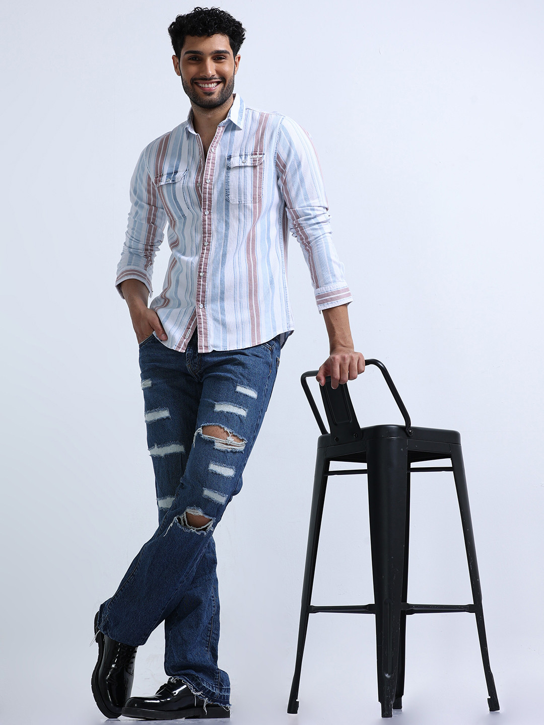 

FLY 69 Premium Slim Fit Striped Spread Collar Cotton Casual Shirt, White