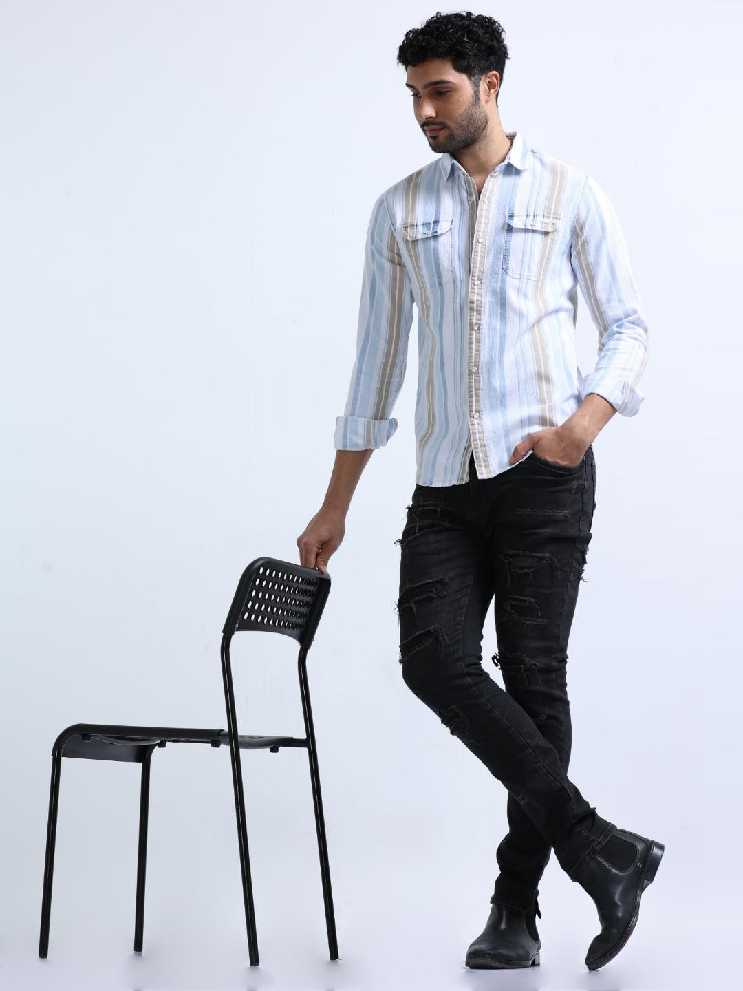 

FLY 69 Premium Slim Fit Striped Spread Collar Cotton Casual Shirt, White