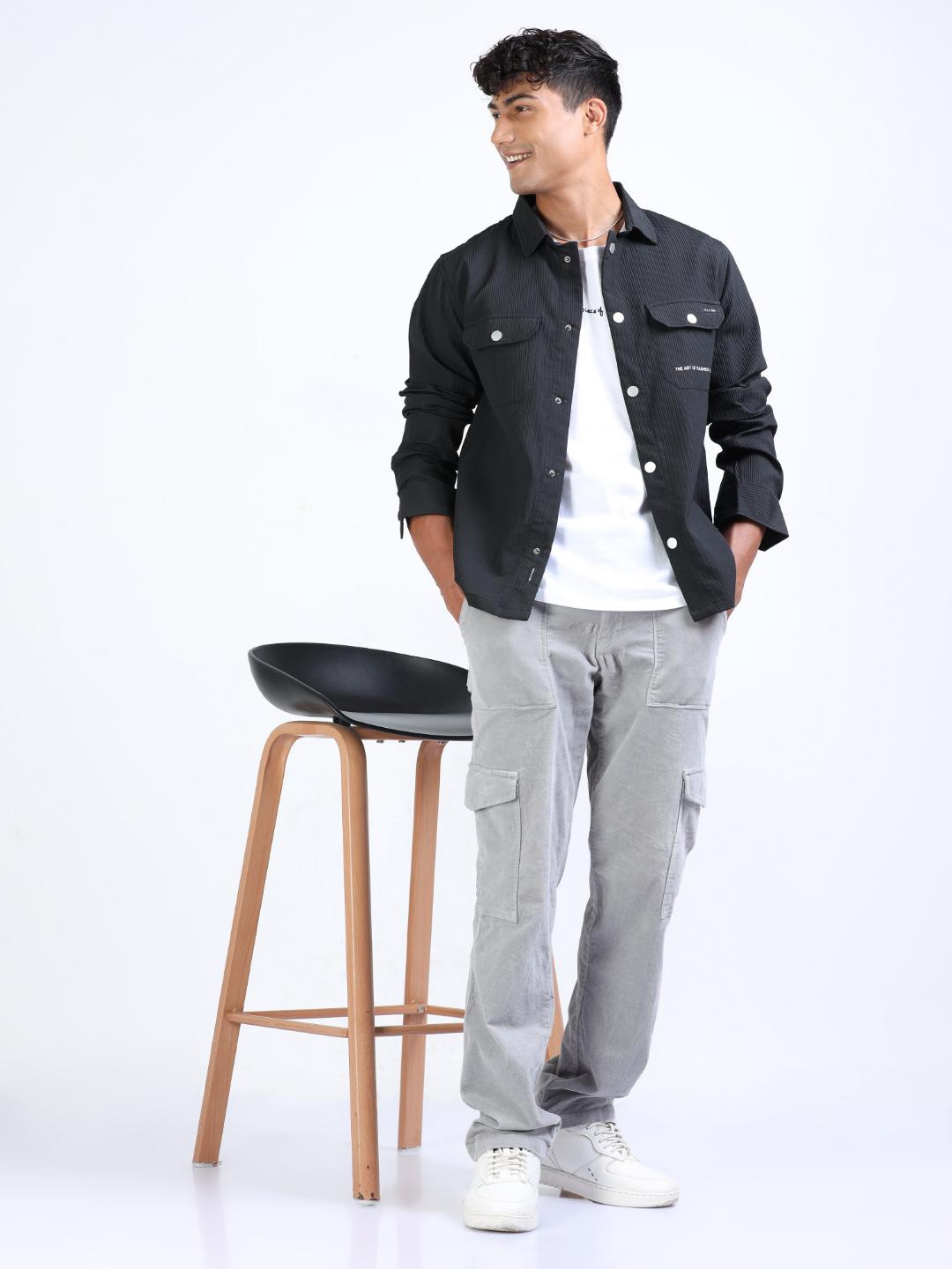 

FLY 69 Premium Slim Fit Spread Collar Casual Shacket, Black