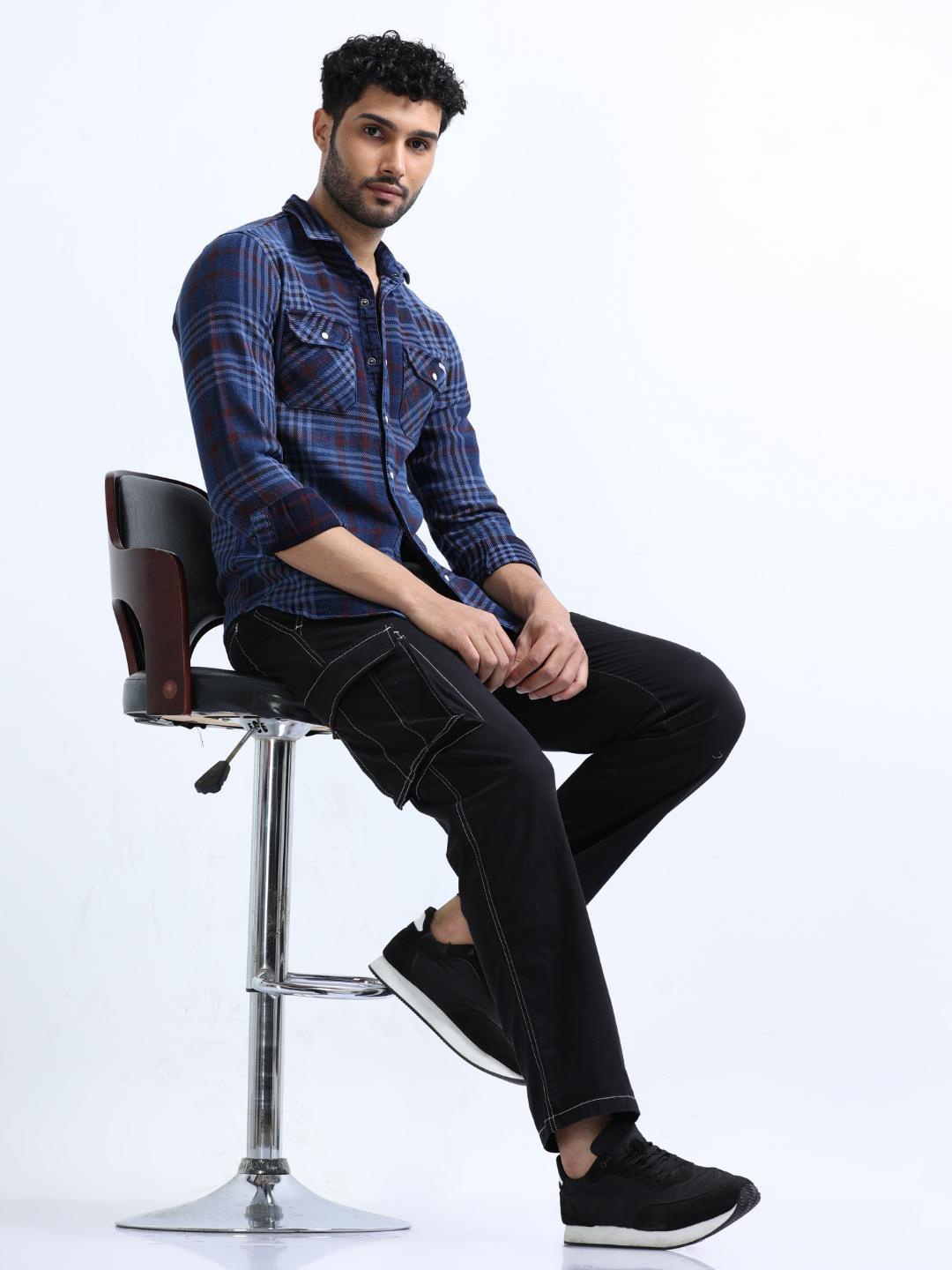 

FLY 69 Premium Slim Fit Tartan Checked Denim Casual Shirt, Blue