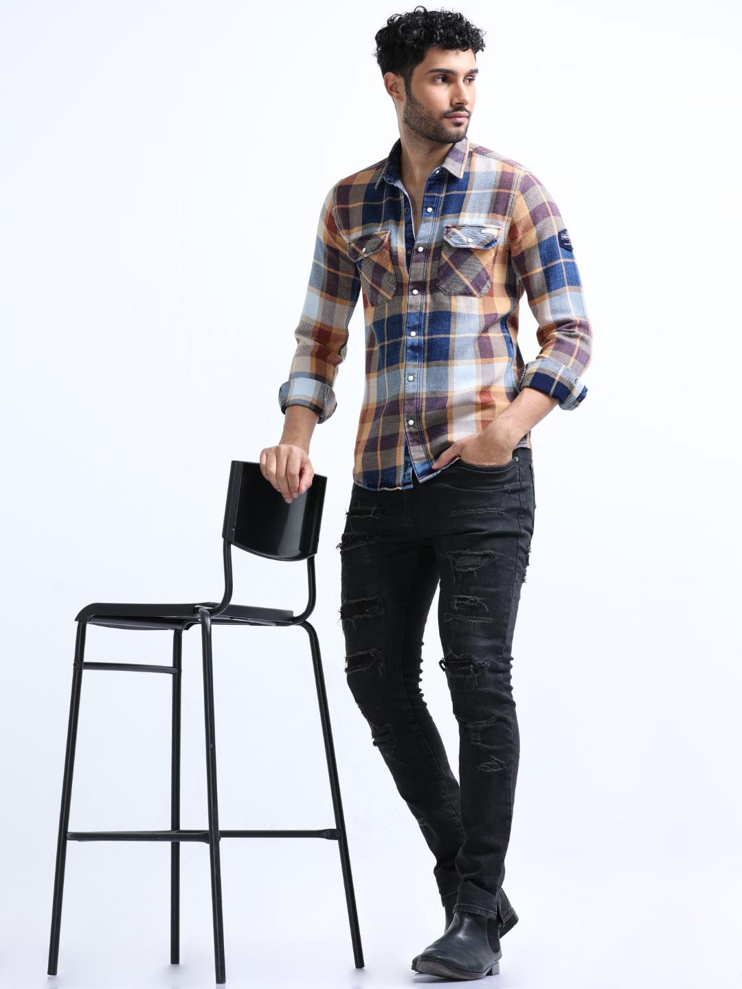 

FLY 69 Premium Slim Fit Tartan Checked Denim Casual Shirt, Beige