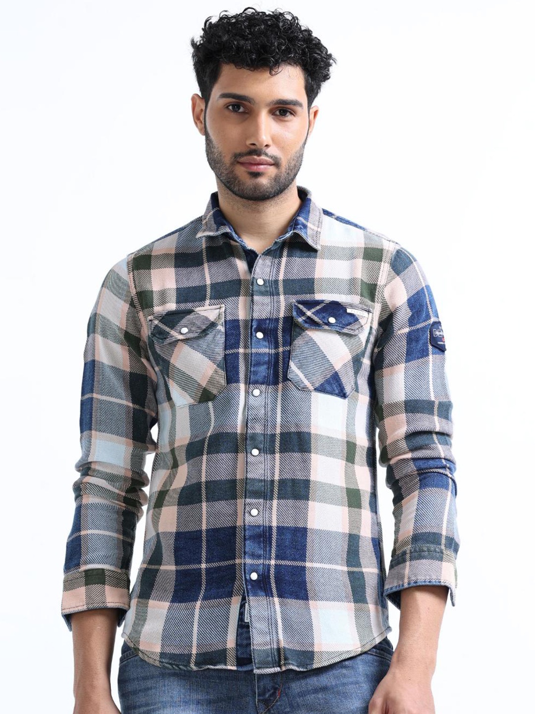 

FLY 69 Premium Slim Fit Tartan Checked Denim Casual Shirt, Off white