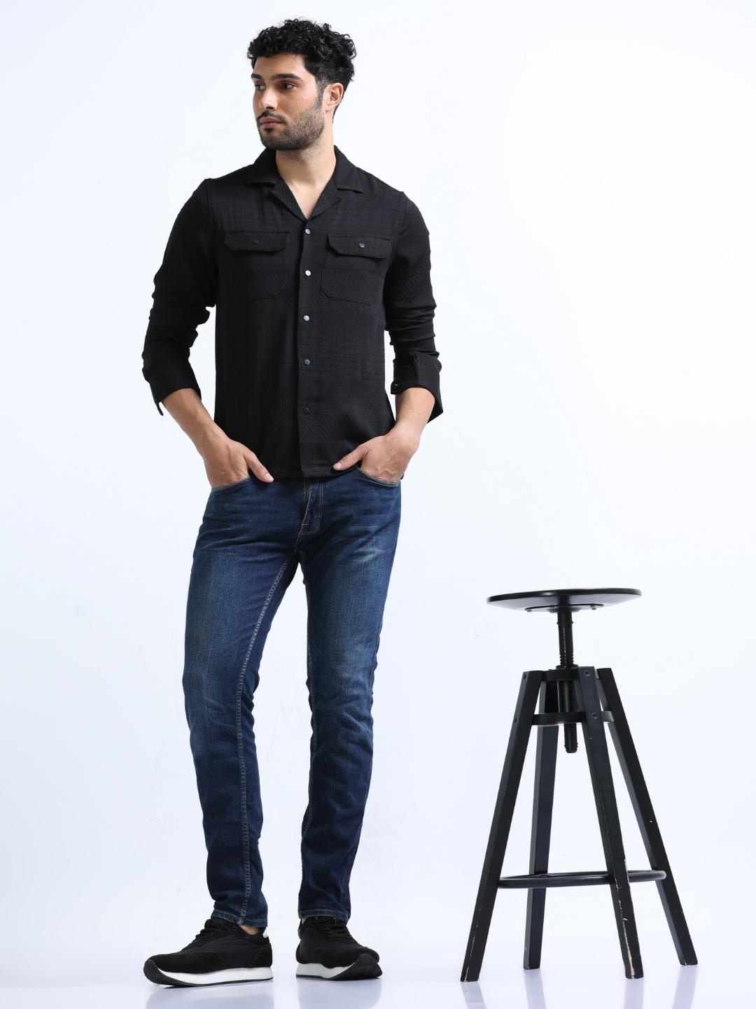 

FLY 69 Premium Slim Fit Self Designed Spread Collar Knitted Weave Casual Shirt, Black