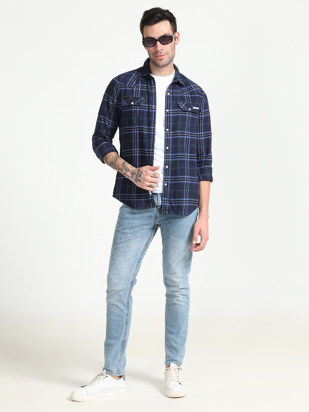 

FLY 69 Premium Slim Fit Tartan Checked Pure Cotton Casual Shirt, Blue