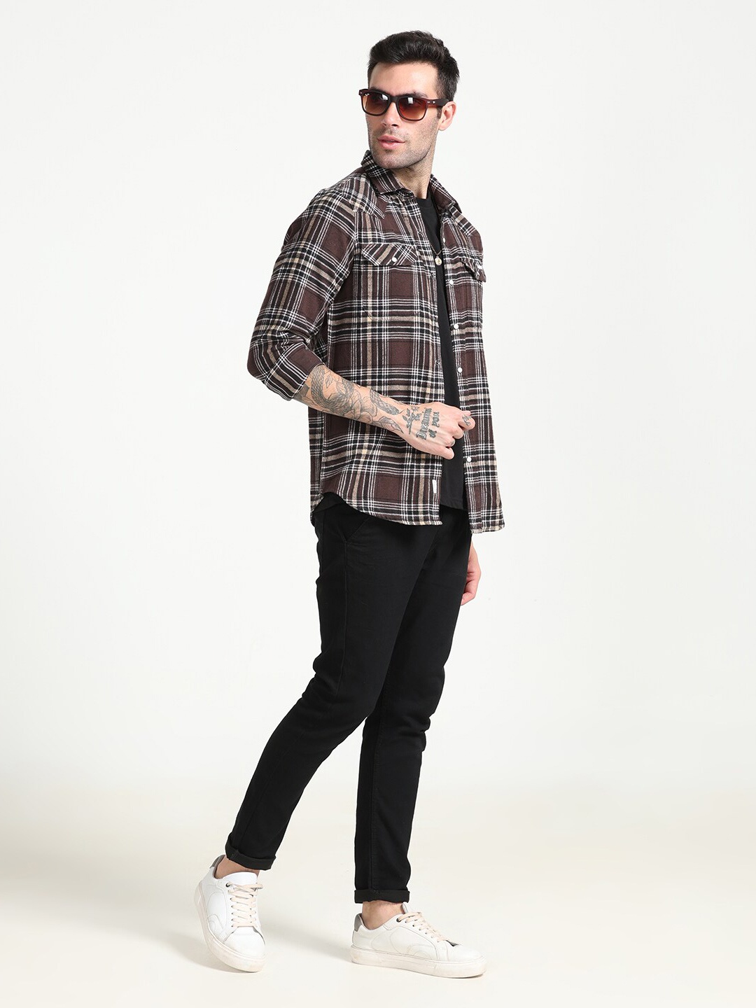 

FLY 69 Premium Slim Fit Tartan Checked Pure Cotton Casual Shirt, Brown