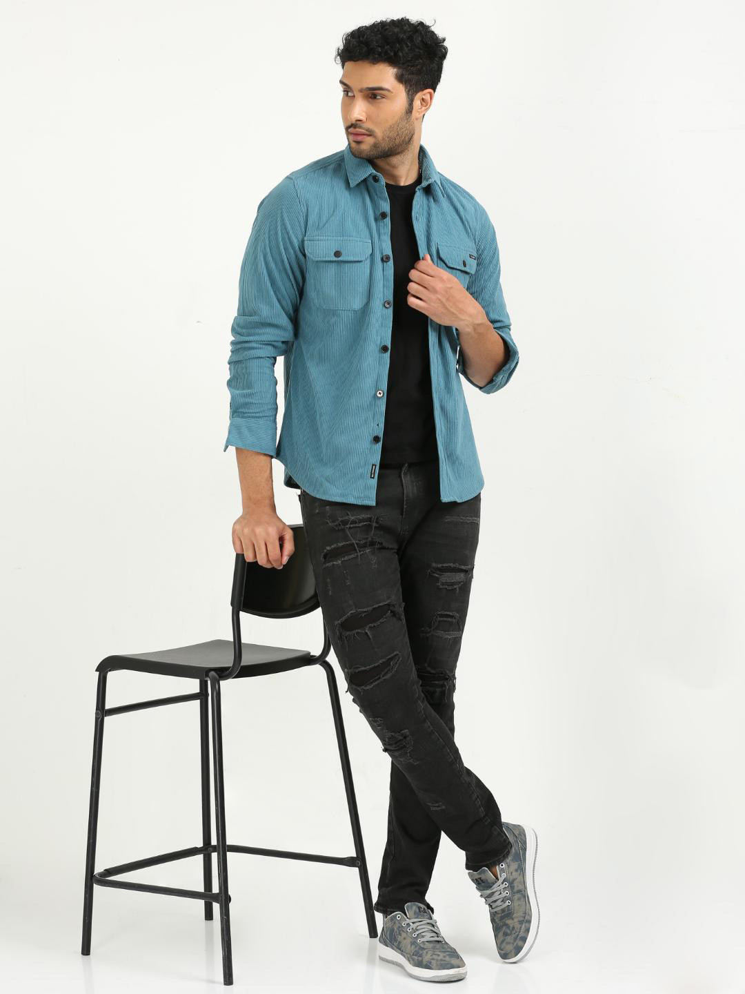 

FLY 69 Premium Slim Fit Pure Cotton Corduroy Casual Shirt, Blue