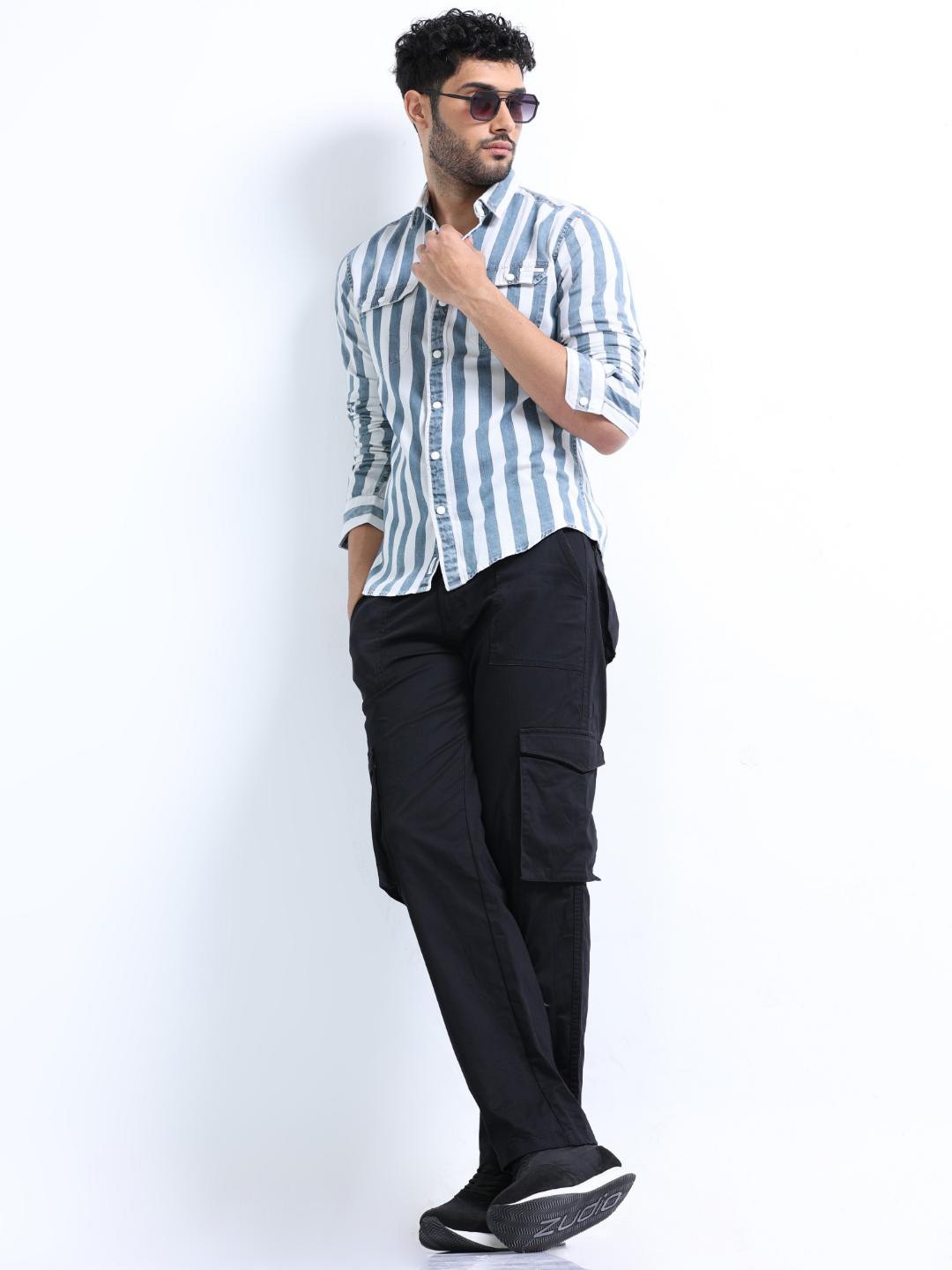 

FLY 69 Premium Slim Fit Striped Denim Casual Shirt, Grey