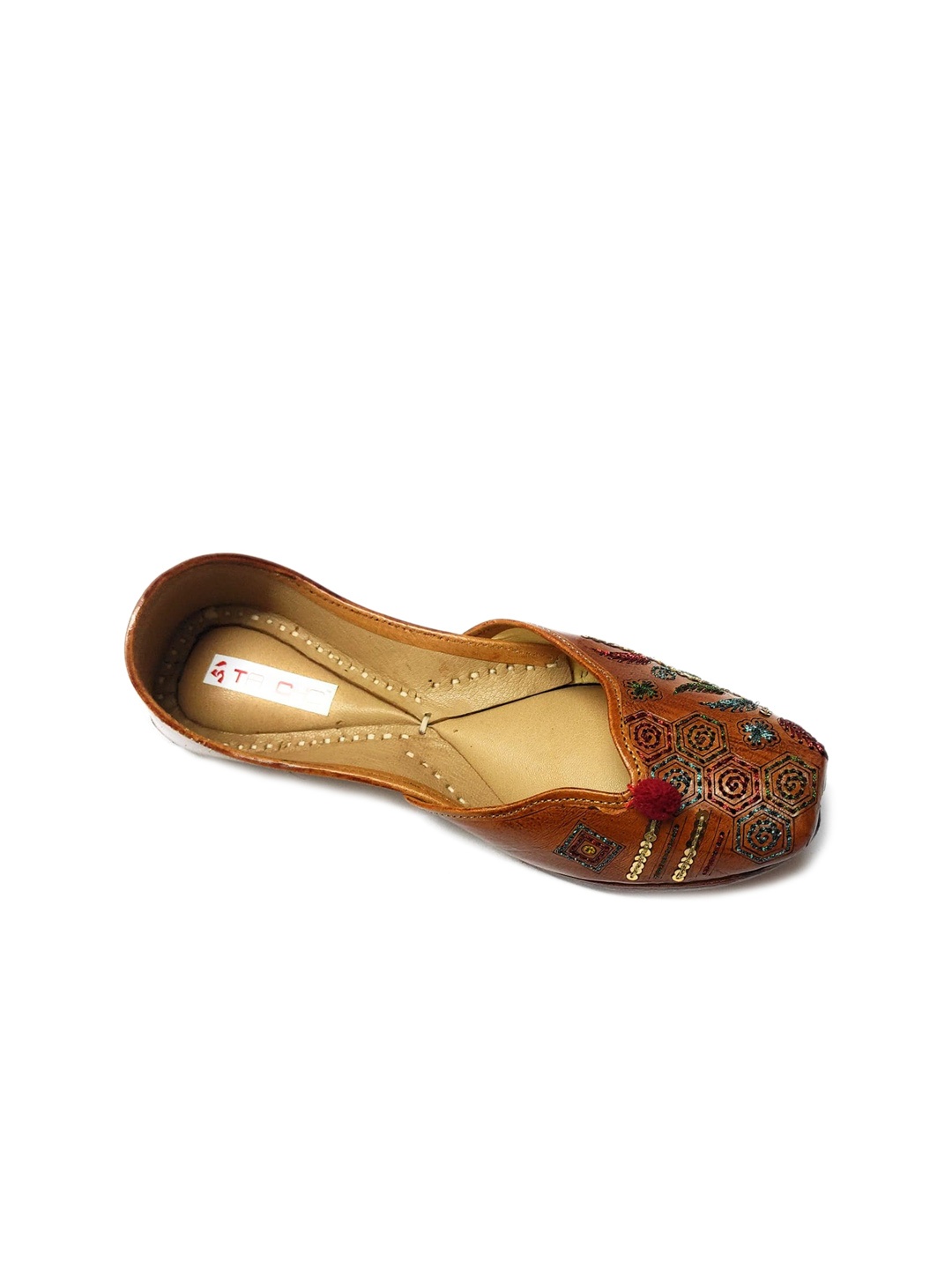 

Ta Chic Embroidered Square Toe Leather Mojaris, Brown