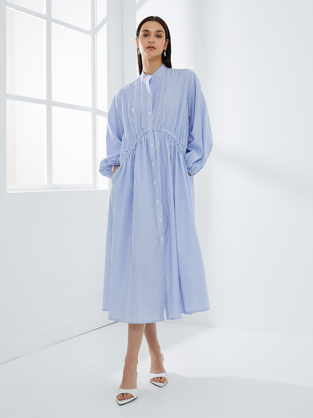 

Koton Long Sleeves Striped Shirt Collar Midi Dress, Blue