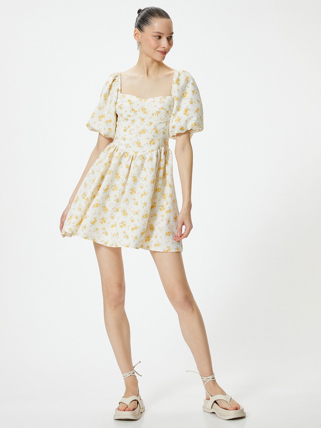 

Koton Floral Printed Flared Sleeve Fit & Flare Mini Dress, Yellow