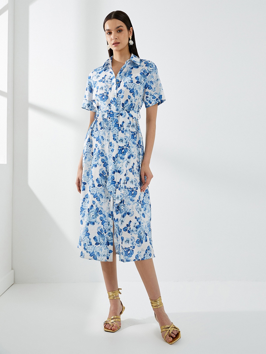 

Koton Floral Print Shirt Midi Dress, Blue