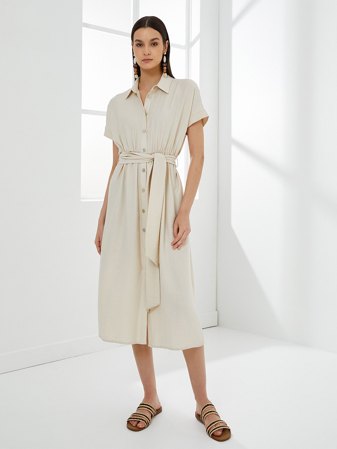 

Koton Shirt Collar Shirt Dress, Beige