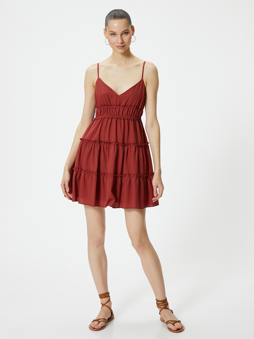 

Koton Shoulder Straps Fit & Flare Mini Dress, Brown