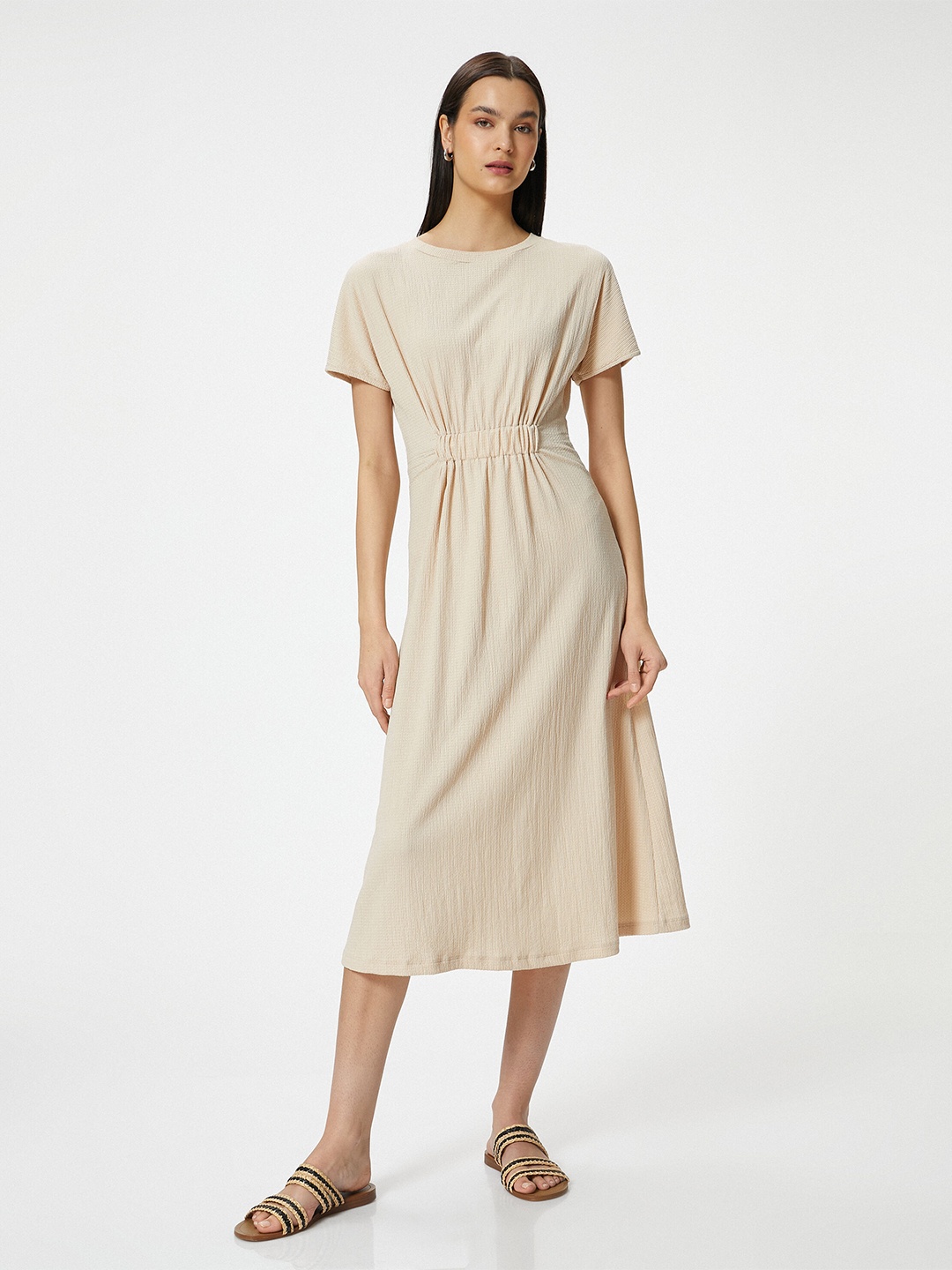 

Koton Round Neck Fit and Flare Midi Dress, Beige