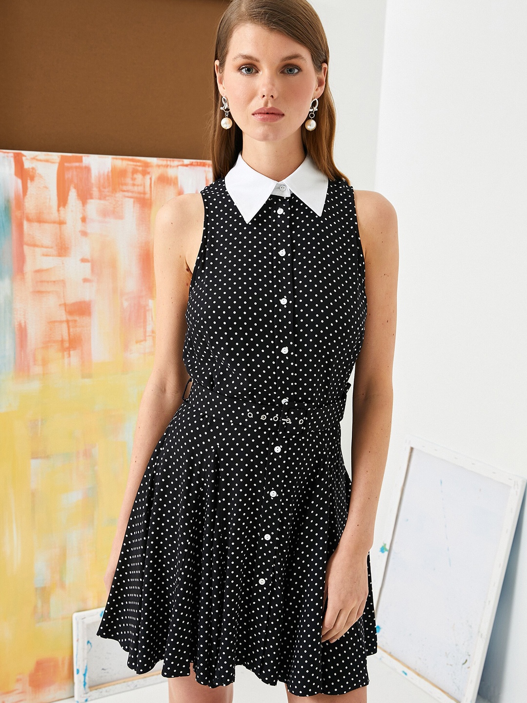 

Koton Polka Dot Print Shirt Collar Fit & Flare Dress, Black