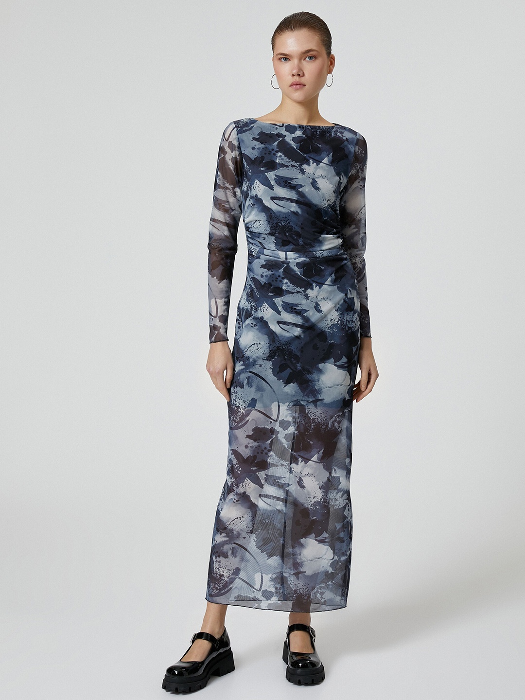 

Koton Floral Print Long Sleeves Round Neck Maxi Dress, Grey