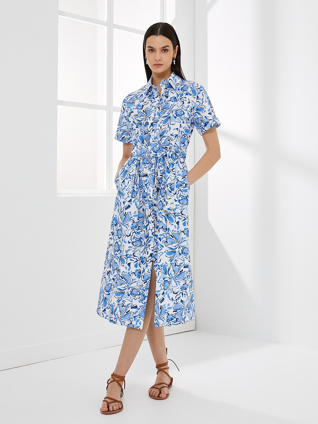 

Koton Floral Print Shirt Collar Cotton Midi Dress, Blue