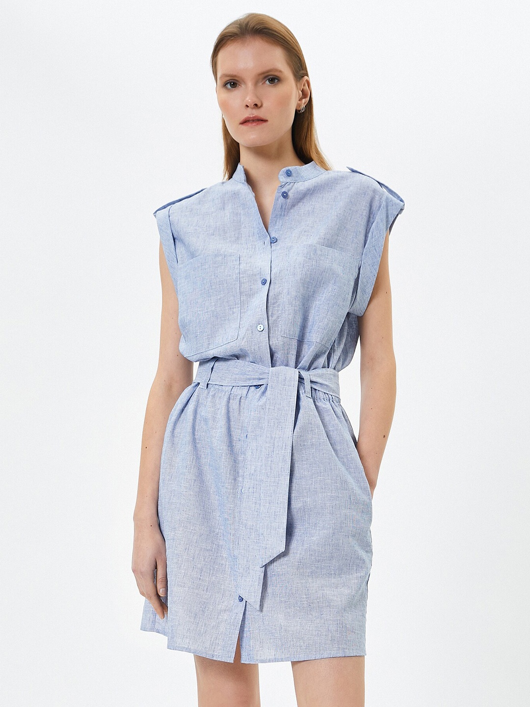 

Koton Striped Shirt Collar Cotton Dress, Blue