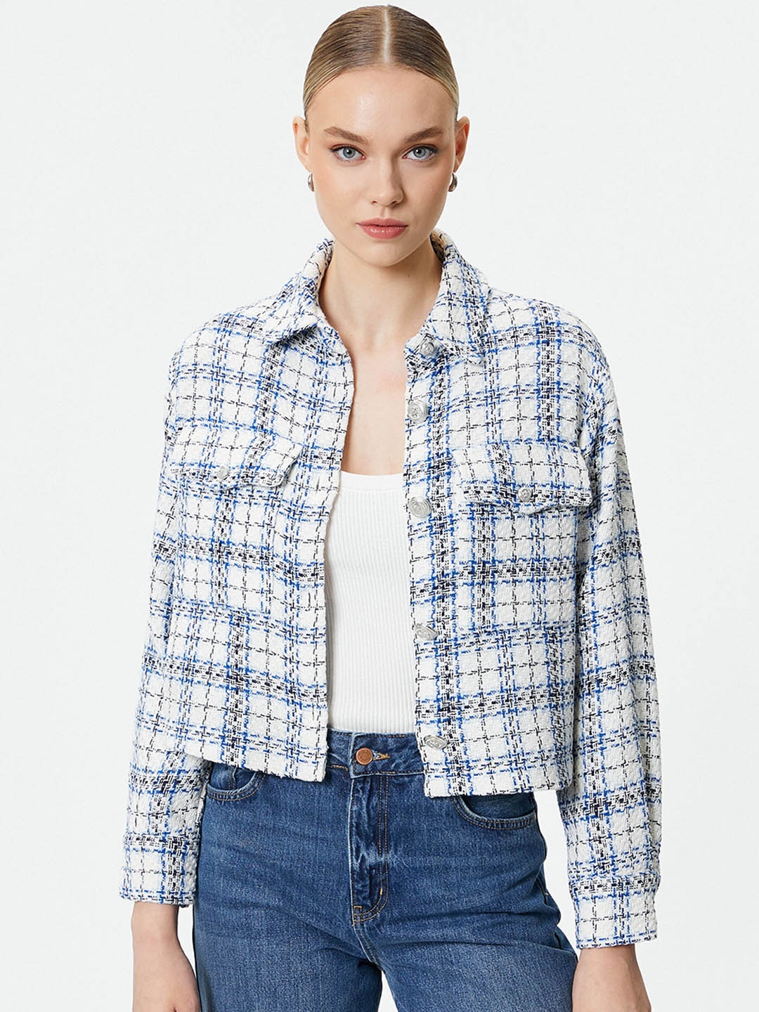 

Koton Women Checked Crop Tailored Jacket, Blue