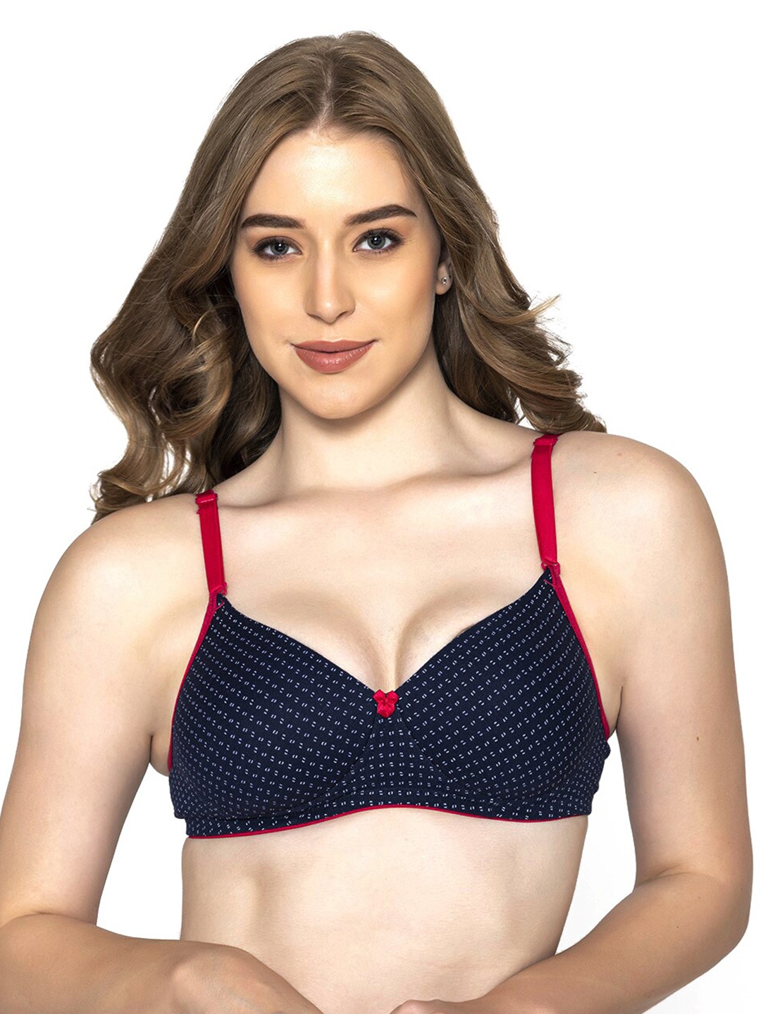 

B'ZAR Polka Dot Printed Cotton T-shirt Bra Full Coverage Lightly Padded All Day Comfort, Navy blue