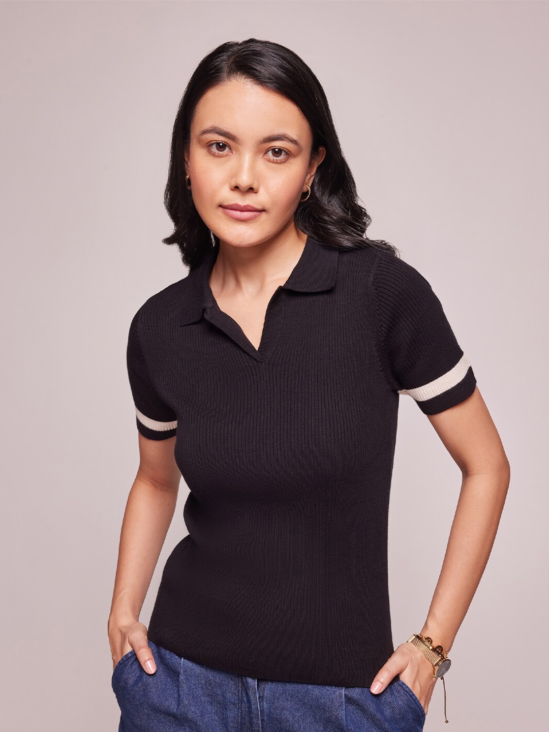 

Bombay High Women Ribbed Solid Polo T-shirt with Contrast Tipping, Black