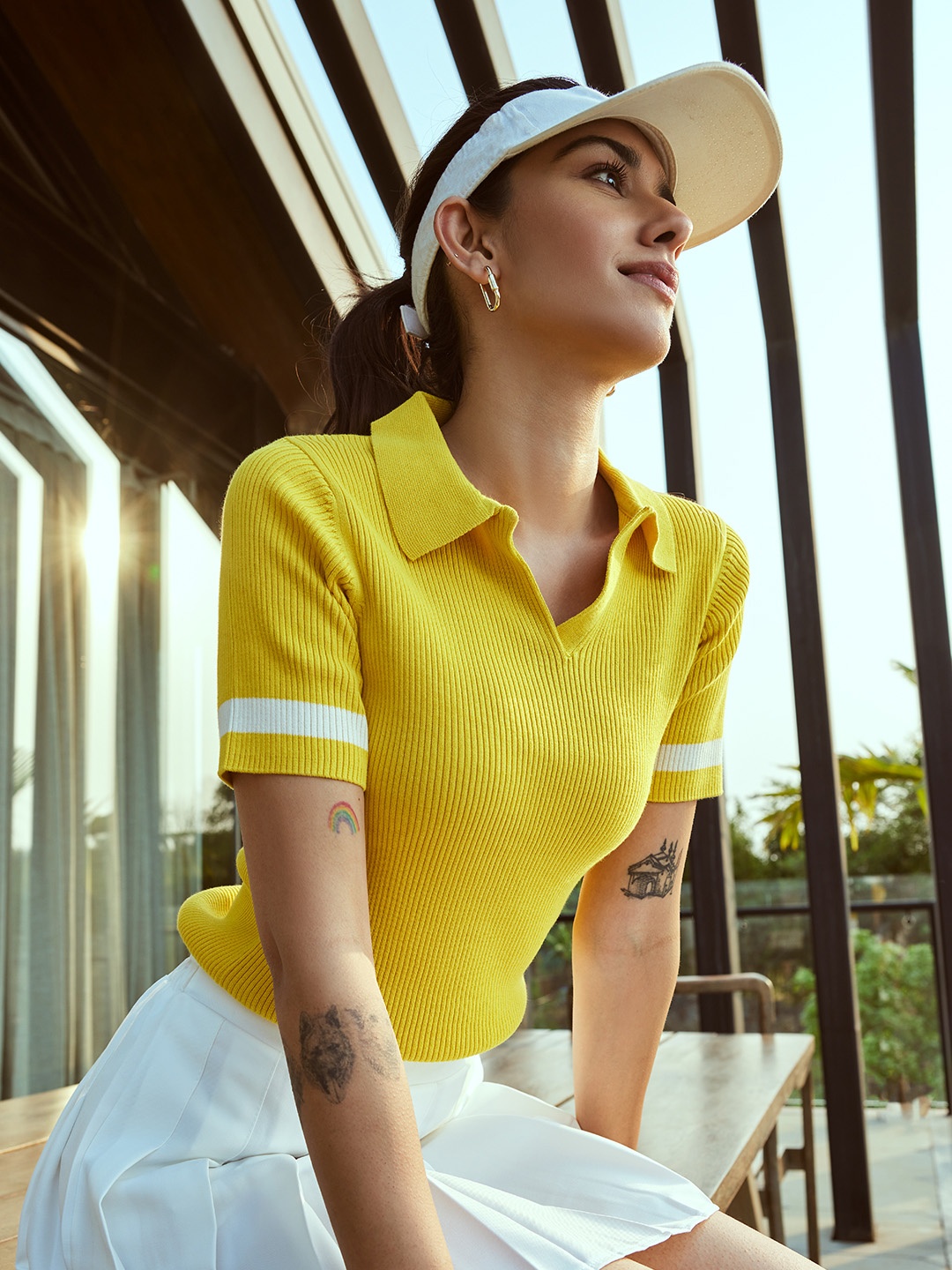

Bombay High Women Ribbed Solid Polo T-shirt with Contrast Tipping, Yellow