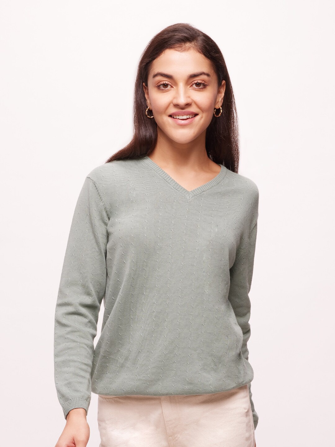 

Bombay High Women V-Neck Textured Solid Knit Pullover, Green