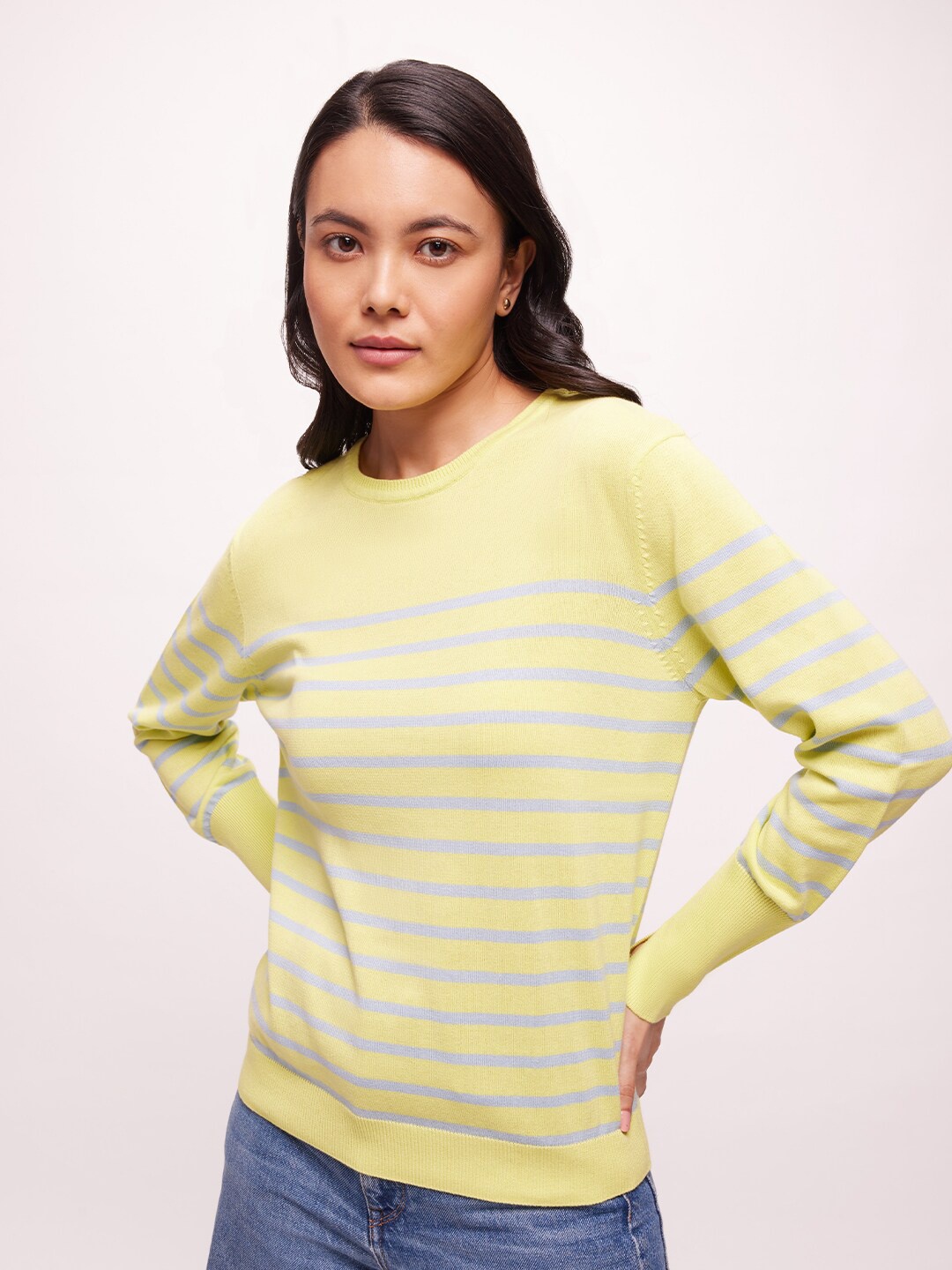 

Bombay High Women Striped Knit Pullover, Grey
