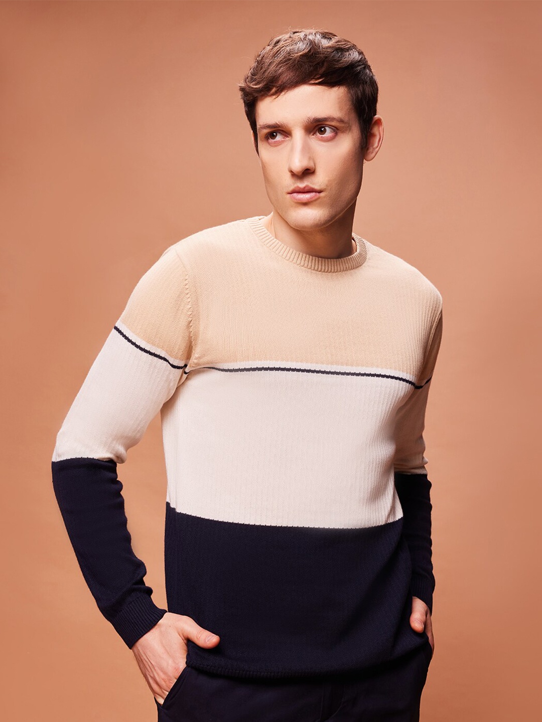 

Bombay High Men Regular Fit Colourblocked Knit Pullover, Beige