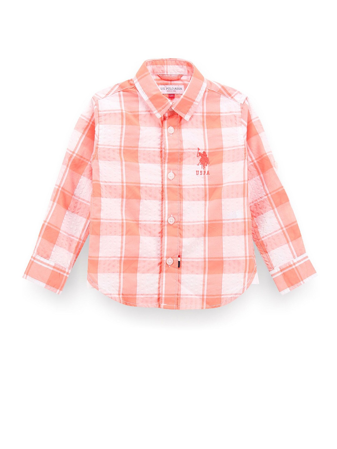

U.S. Polo Assn. Kids Boys Classic Windowpane Checked Spread Collar Seersucker Casual Shirt, Orange