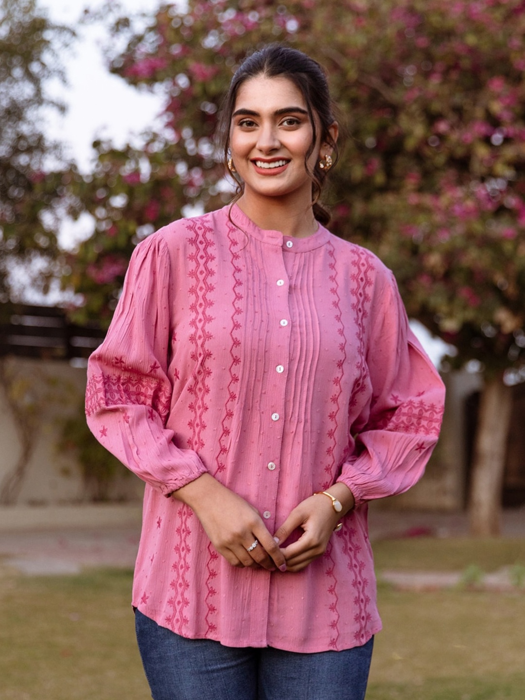 

Aadews Mandarin Collar Shirt Style Top, Pink