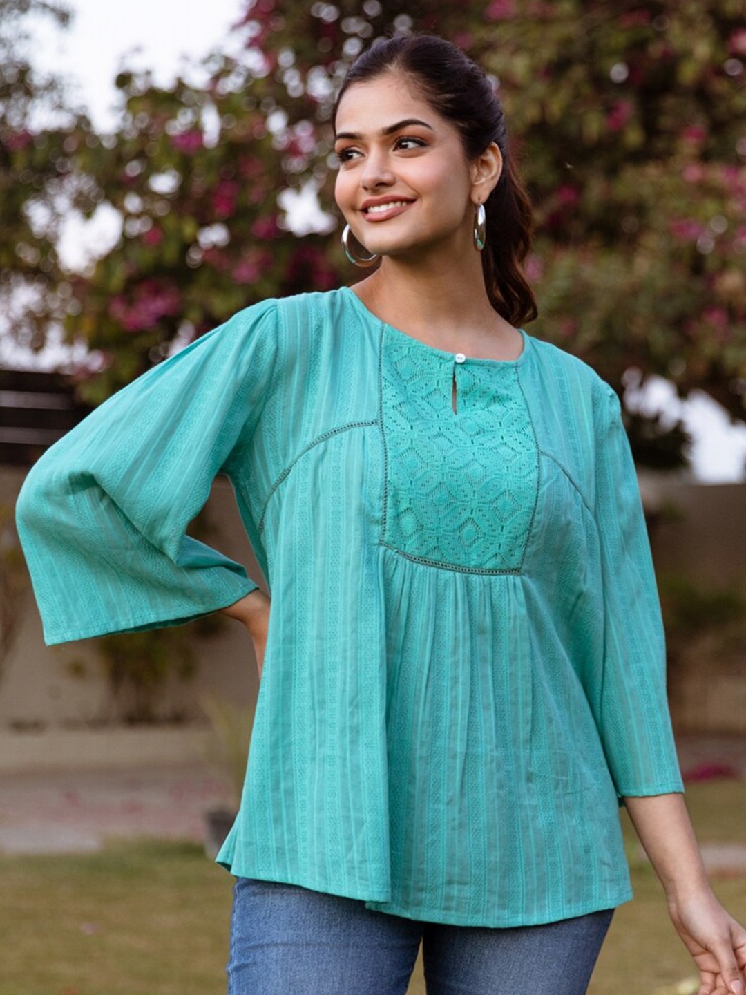 

Aadews Keyhole Neck Cotton Top, Green