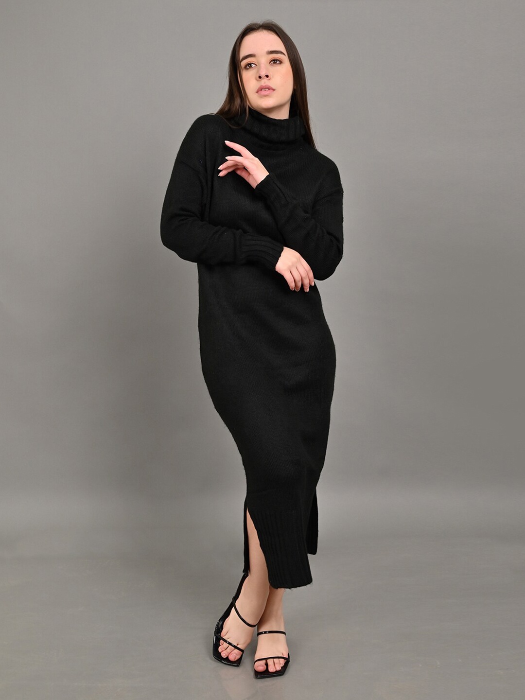 

NoBarr High Neck Acrylic Sweater Midi Dress, Black