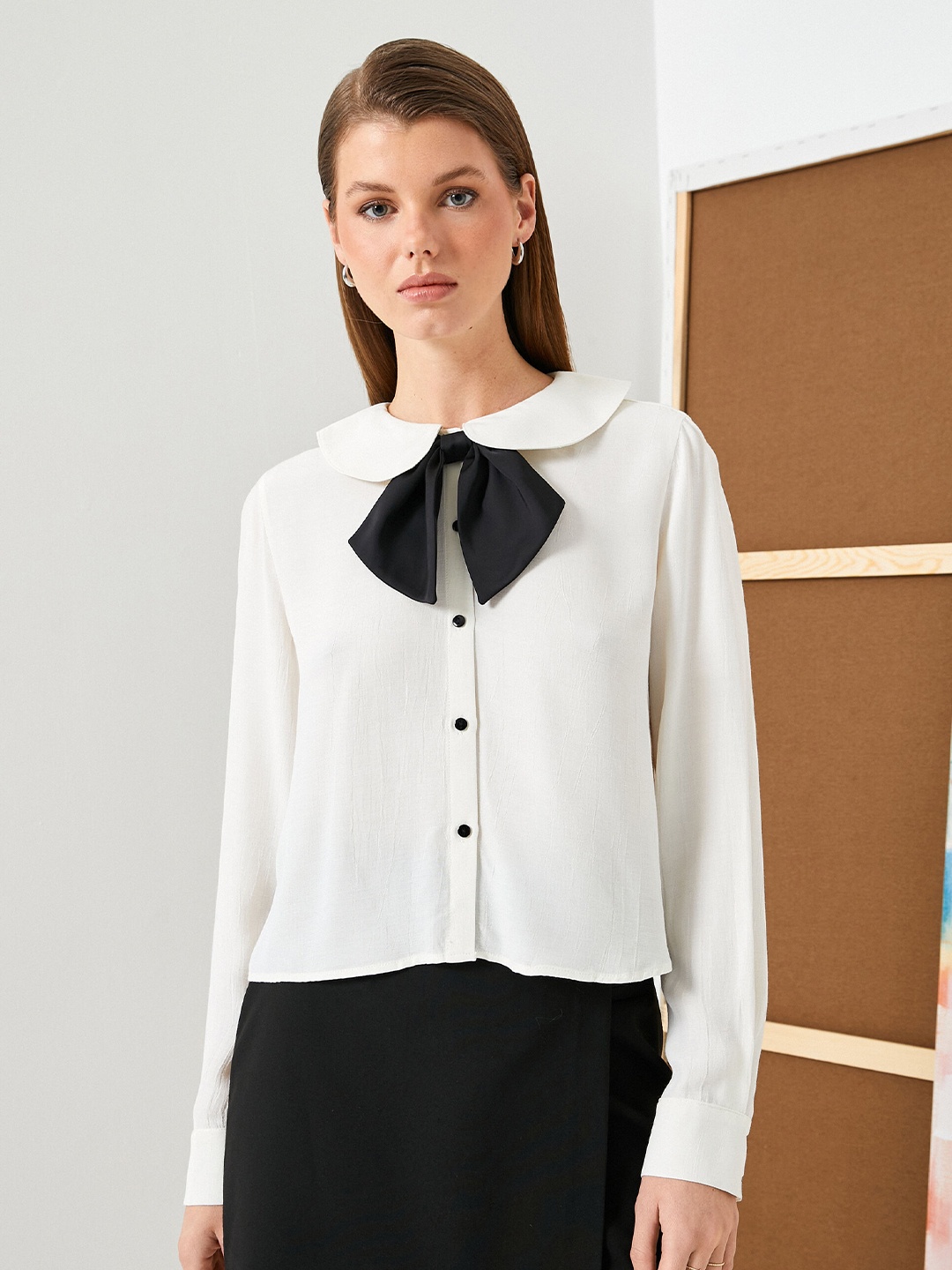 

Koton Bow Detail Peter Pan Collar Casual Shirt, Off white