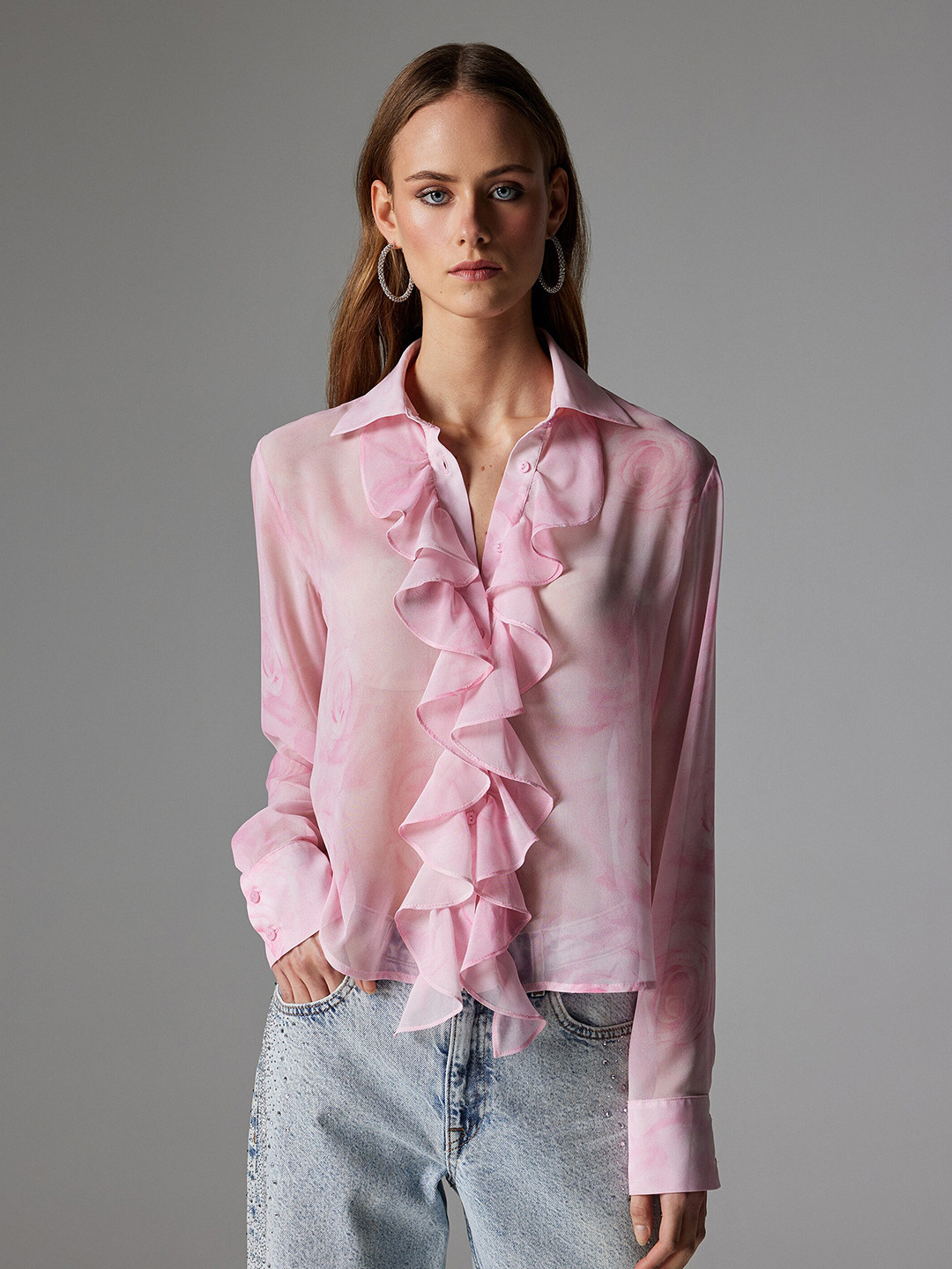 

Koton Floral Printed Ruffled Long Sleeves Casual Shirt, Pink