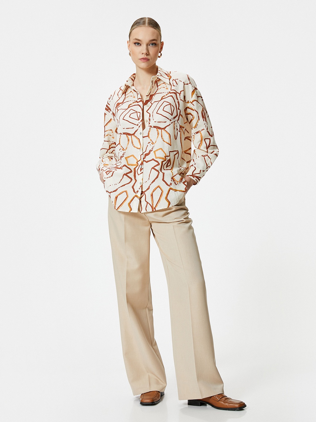 

Koton Abstract Printed Cotton Linen Casual Shirt, Beige