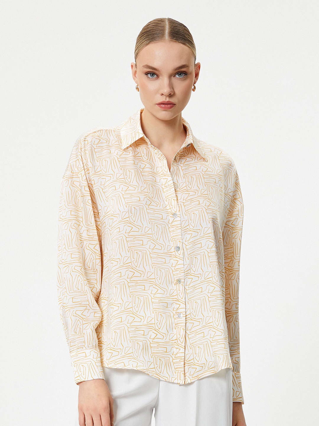 

Koton Abstract Printed Spread Collar Casual Shirt, Beige