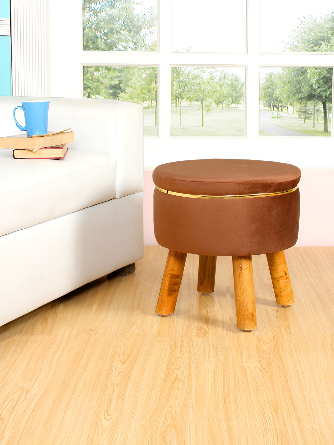 

Shadowkart Coffee-Brown Velvet Wooden Ottoman