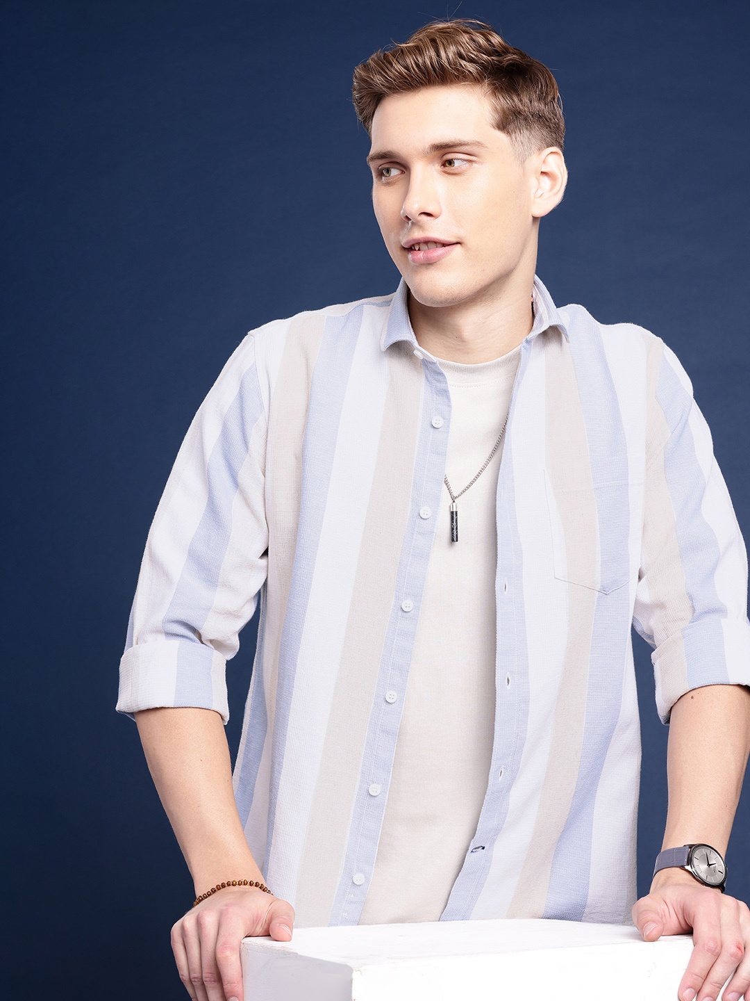 

Mast & Harbour Men Standard Striped Casual Shirt, Blue