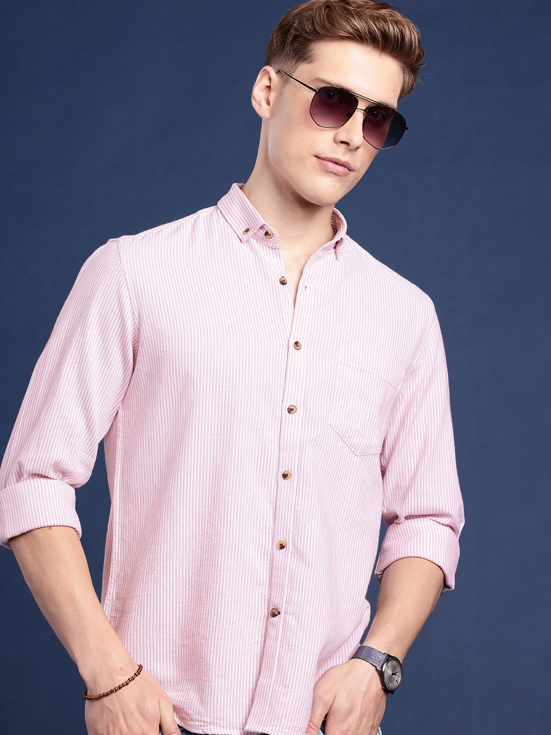 

Mast & Harbour Men Standard Striped Casual Shirt, Pink