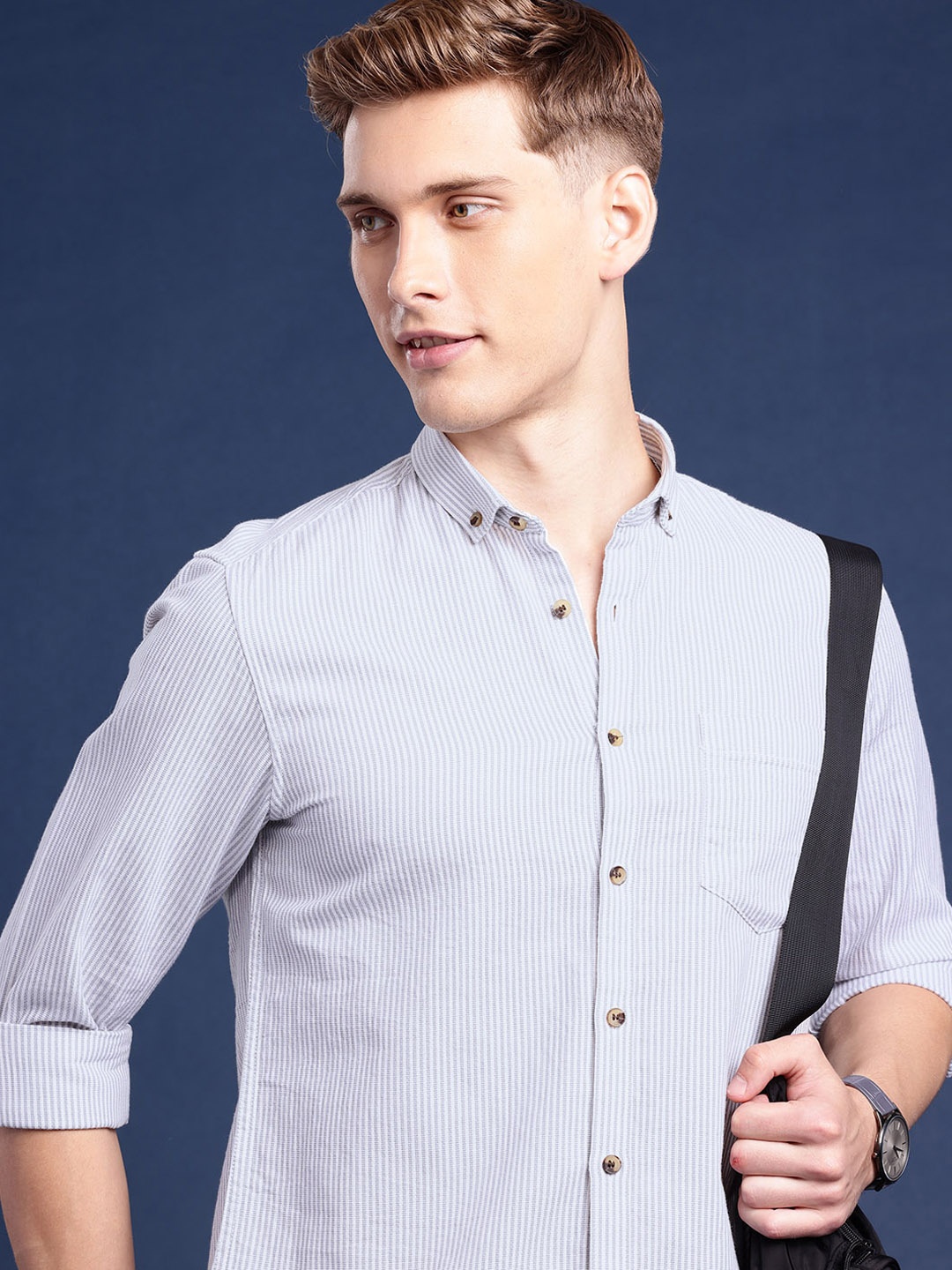 

Mast & Harbour Men Standard Striped Casual Shirt, Grey