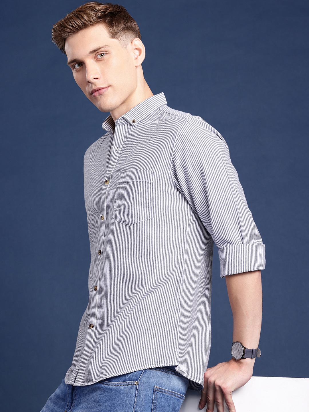 

Mast & Harbour Men Standard Striped Casual Shirt, White