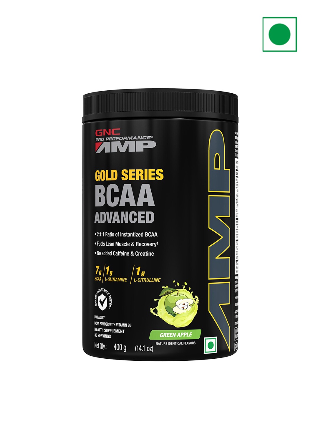 

GNC AMP Gold Series BCAA Advanced Powder - Green Apple - 400 G, Black