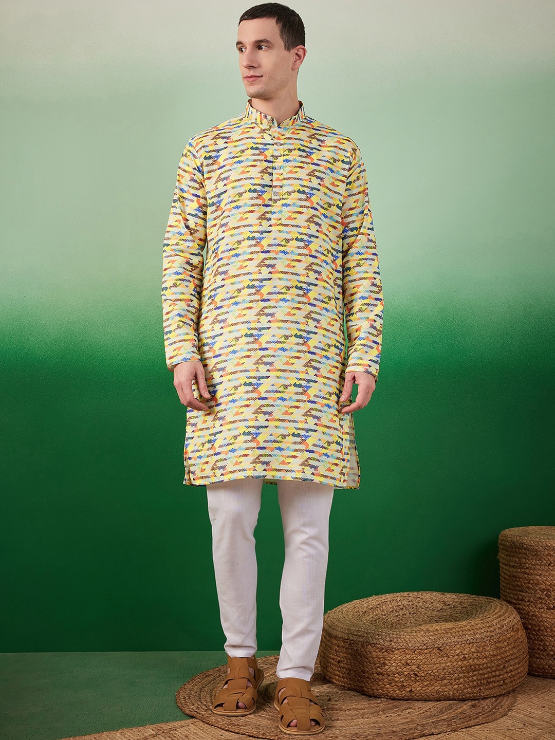 

Sangria Digital Printed Band Collar Kurta With Pyjama, Yellow