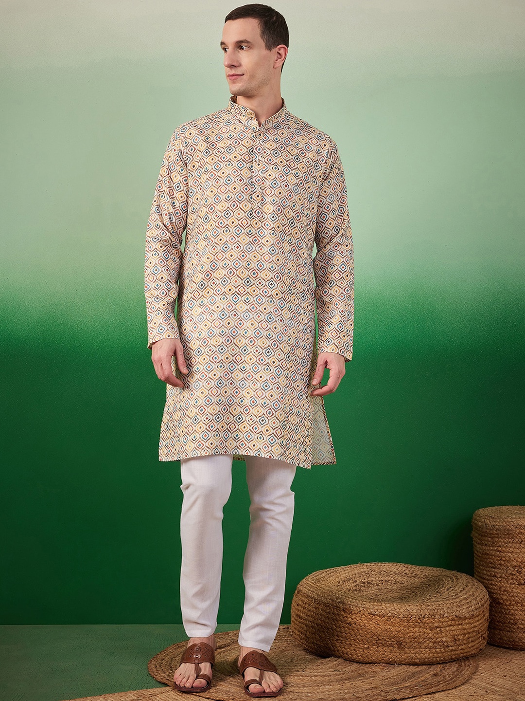 

Sangria Digital Ethnic Motifs Printed Band Collar Kurta With Pyjama, Beige
