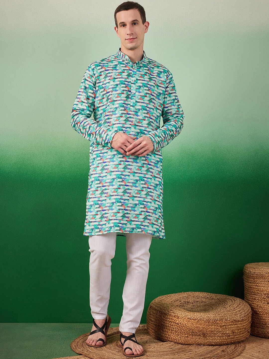 

Sangria Abstract Printed Straight Kurta With Pyjama Set, Sea green