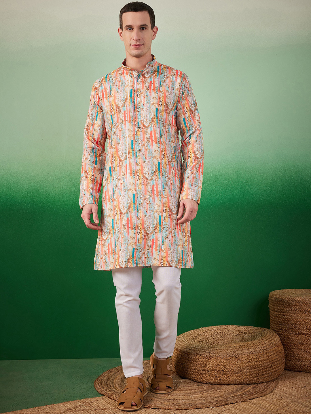 

Sangria Abstract Printed Straight Kurta With Pyjama Set, Orange